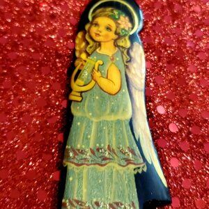 Wood Lacquer Russian Angel Christmas Ornament Hand Painted Folk Art Signed